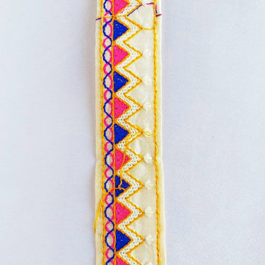 Beige Cotton Fabric Trim With Pink, Blue, Off White & Yellow Embroidery
